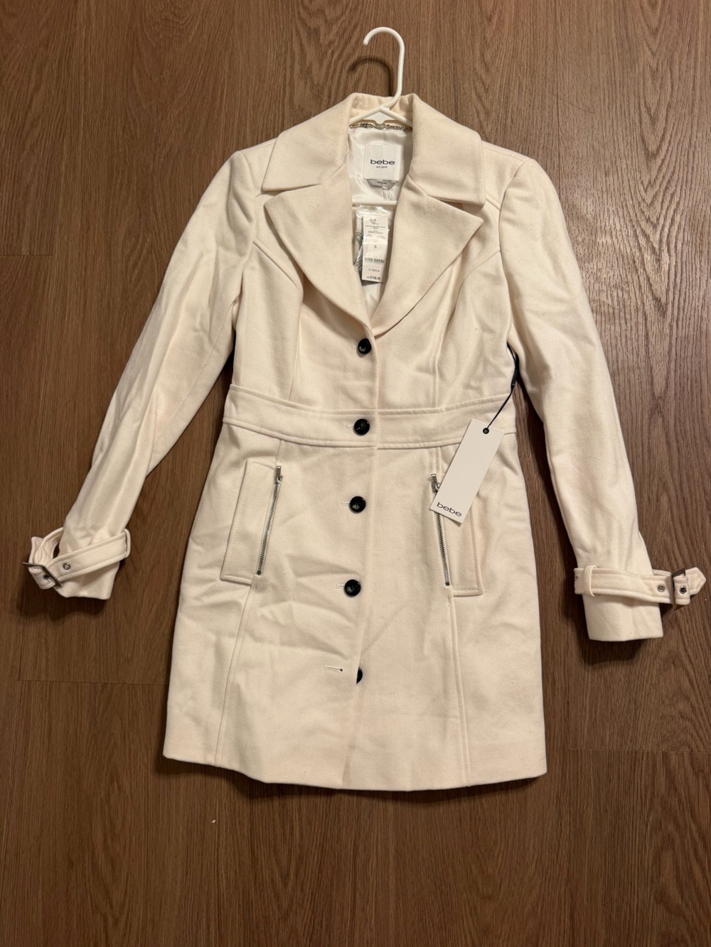 bebe URTOWN Women's White Wool Mid-Length Coat Faux Fur Collar Long Sleeve S